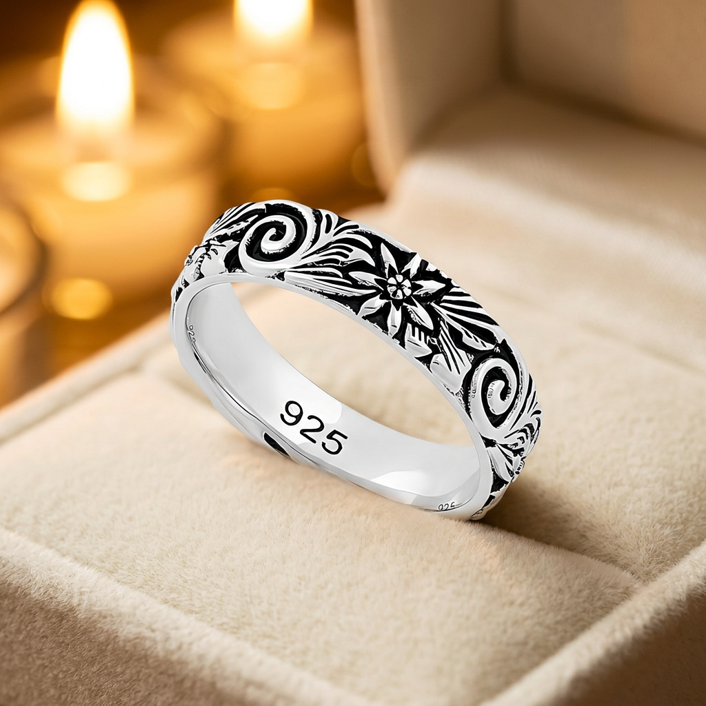 Sterling Silver Oxidized Flower and Spiral Swirl 5mm Eternity Band Ring for Women life3
