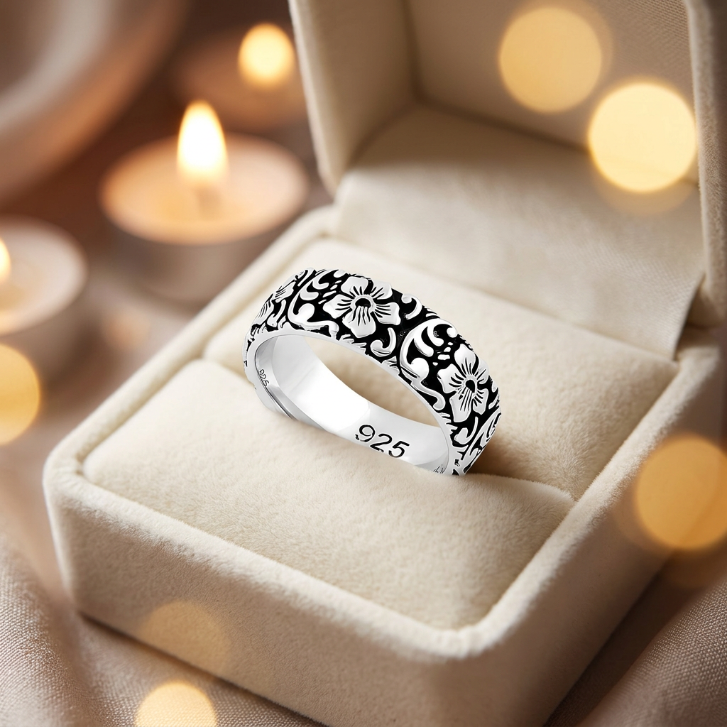 Sterling Silver 6.6mm Oxidized Hibiscus Flower Garden Eternity Band Ring for Women life3