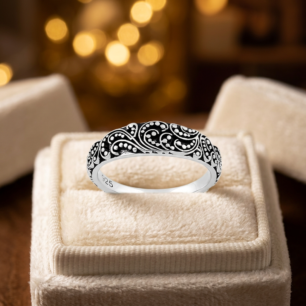 Sterling Silver 3.1mm Oxidized Bali Beaded Scroll Stacking Band Ring for Women life3