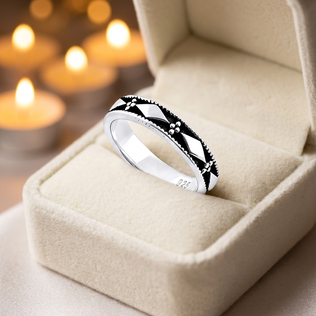 Sterling Silver 4.5mm Oxidized Rhombus and Bead Cluster Band Ring for Women life3