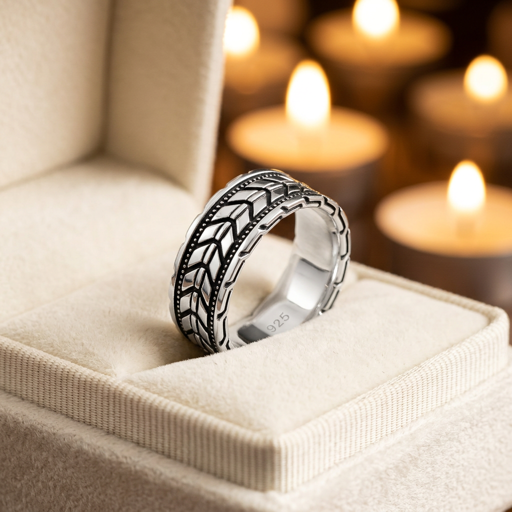 Sterling Silver 6.9mm Oxidized Chevron Arrow Tread Unisex Band Ring life3