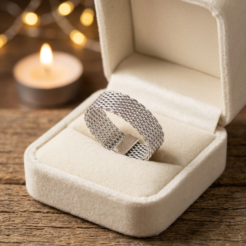 Sterling Silver 8mm Flat Woven Mesh Band Ring for Women life3