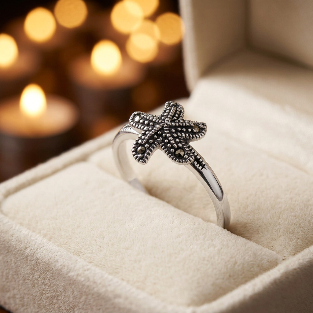 Sterling Silver 2.1mm Marcasite Starfish Beach Ring for Women life3
