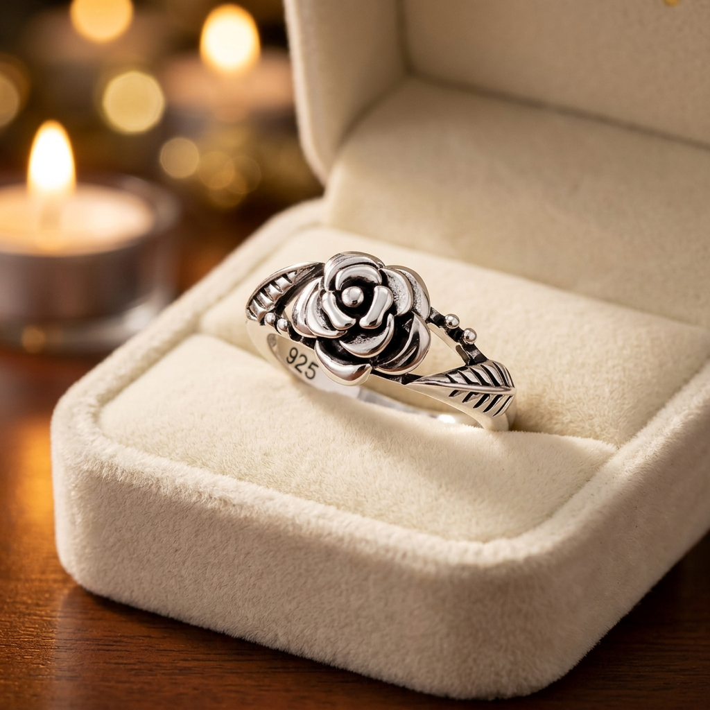 Sterling Silver Oxidized Rose Flower Ring for Women life3