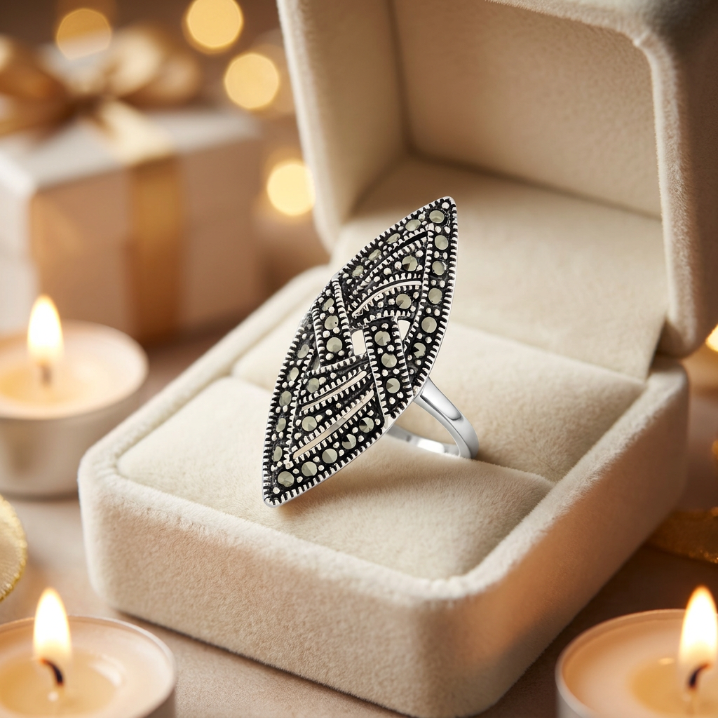 Sterling Silver Marcasite Woven Marquise Long Statement Ring for Women life3