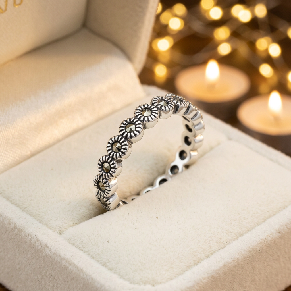 Sterling Silver Marcasite Sunburst Eternity Stackable Band Ring for Women life3