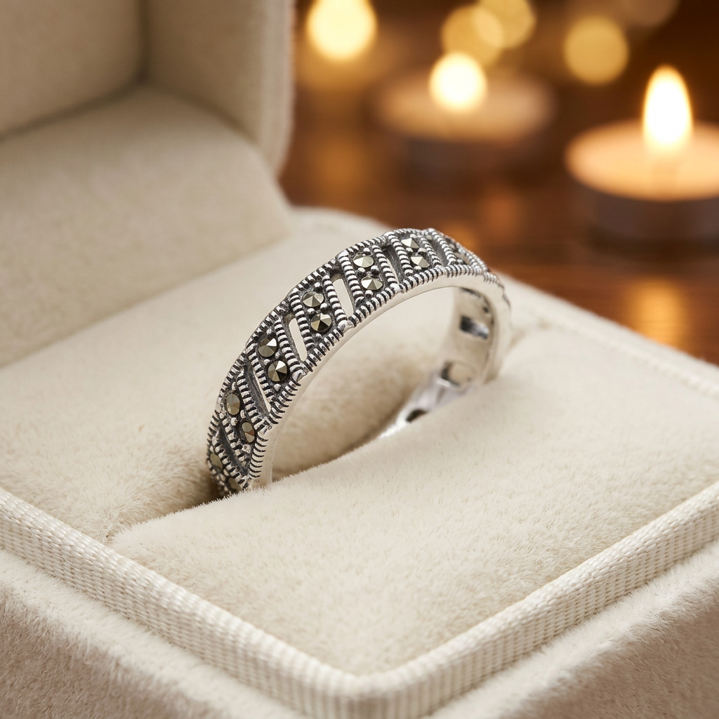 Sterling Silver 4mm Marcasite Diagonal Openwork Eternity Ring for Women life3