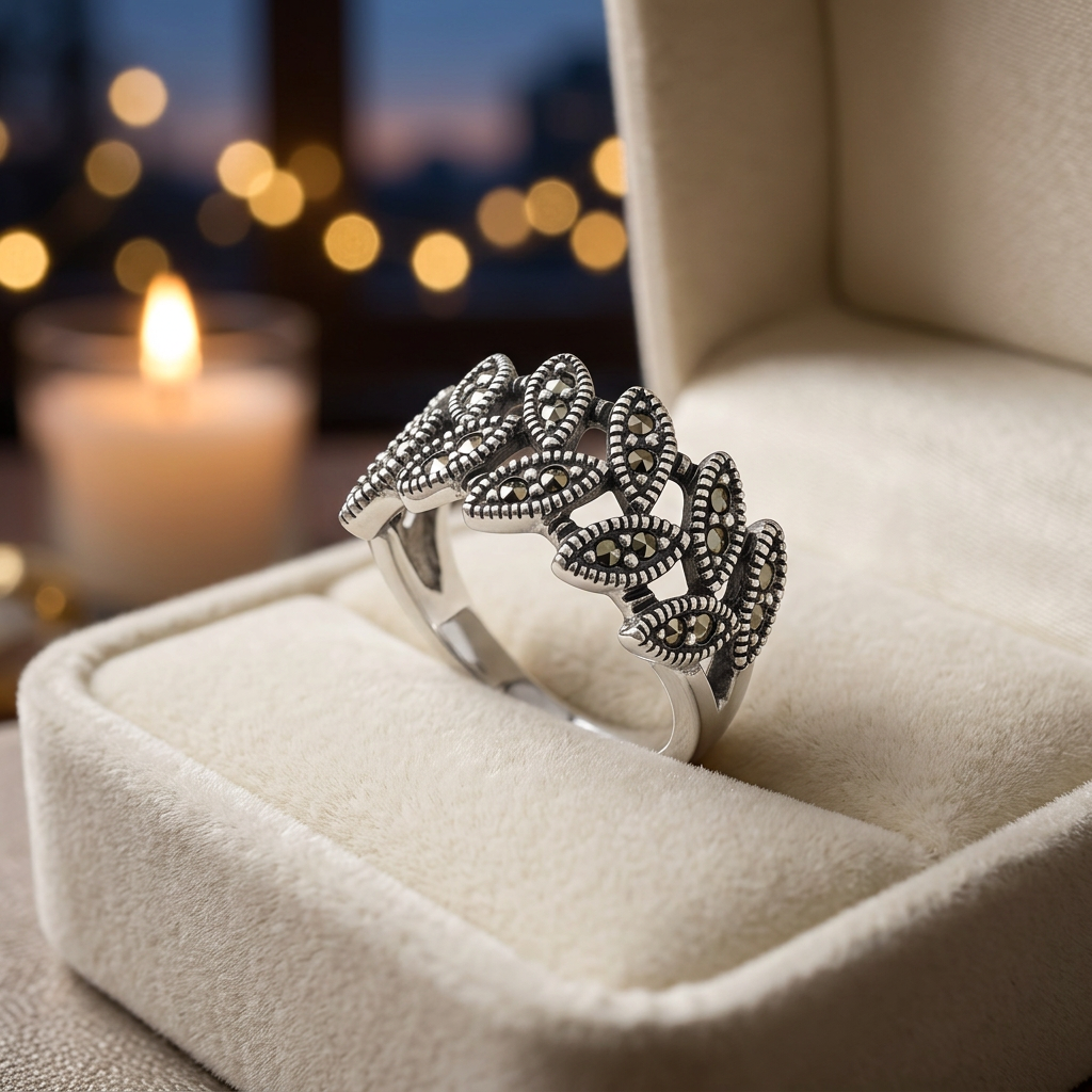 Sterling Silver 6mm Marcasite Leaf Vine Openwork Ring for Women life3