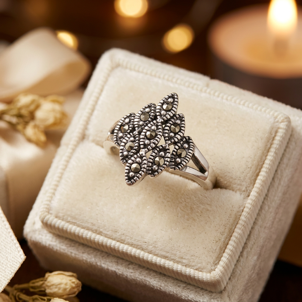 Sterling Silver Marcasite Marquise Cluster Ring for Women life3