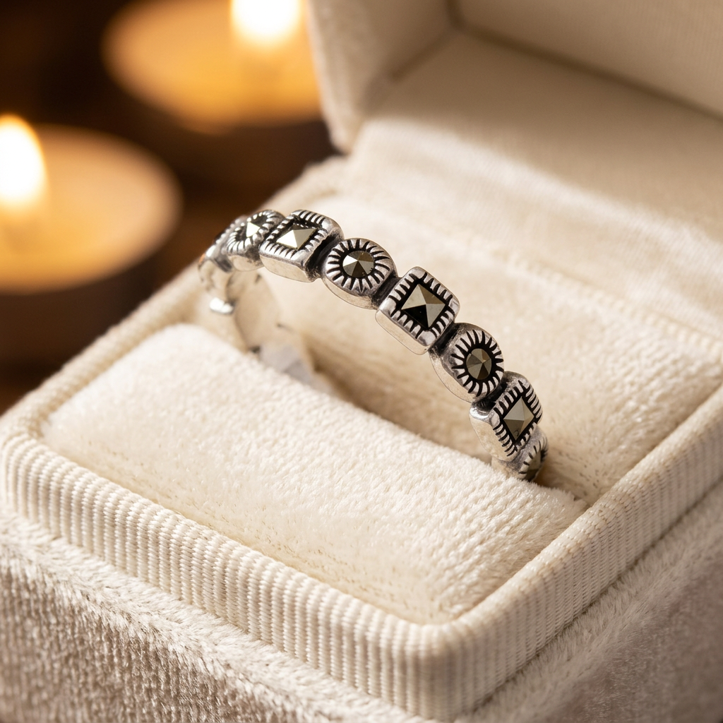 Sterling Silver 3.5mm Marcasite Square and Round Link Eternity Stacking Ring for Women life3