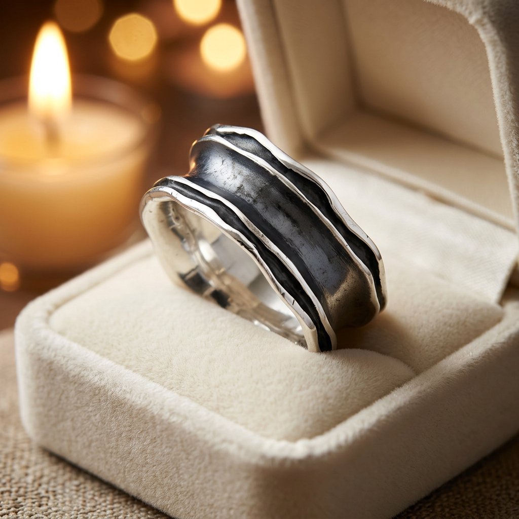 Sterling Silver 10.73mm Oxidized Wavy Edge Concave Wide Band Ring for Women life3