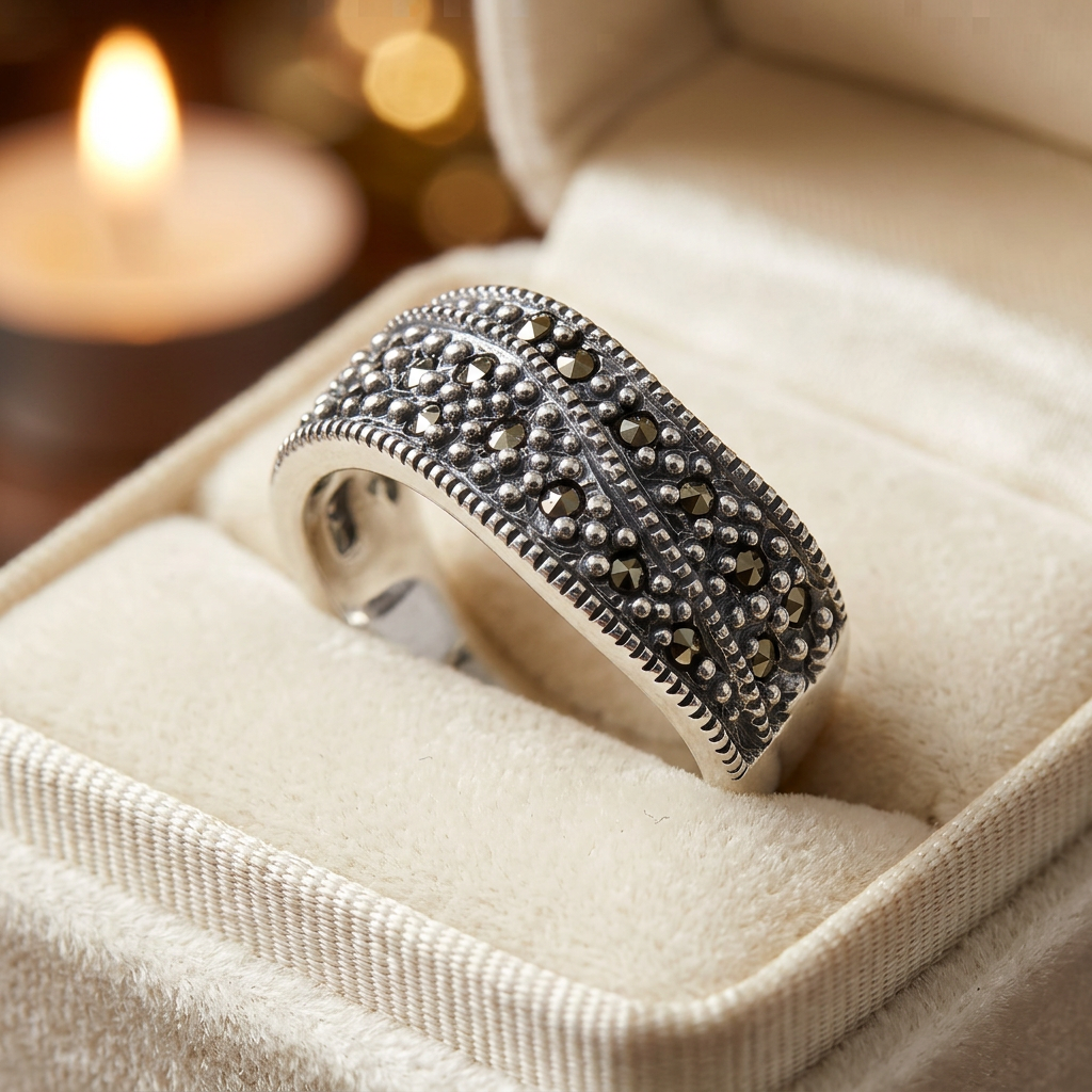 Sterling Silver 7.2mm Marcasite Wave Double Row Beaded Band Ring for Women life3