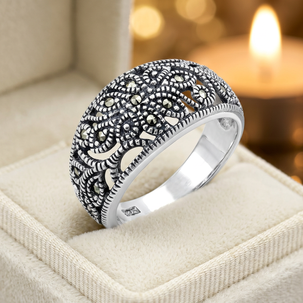 Sterling Silver Marcasite Openwork Flower Dome Band Ring for Women life3