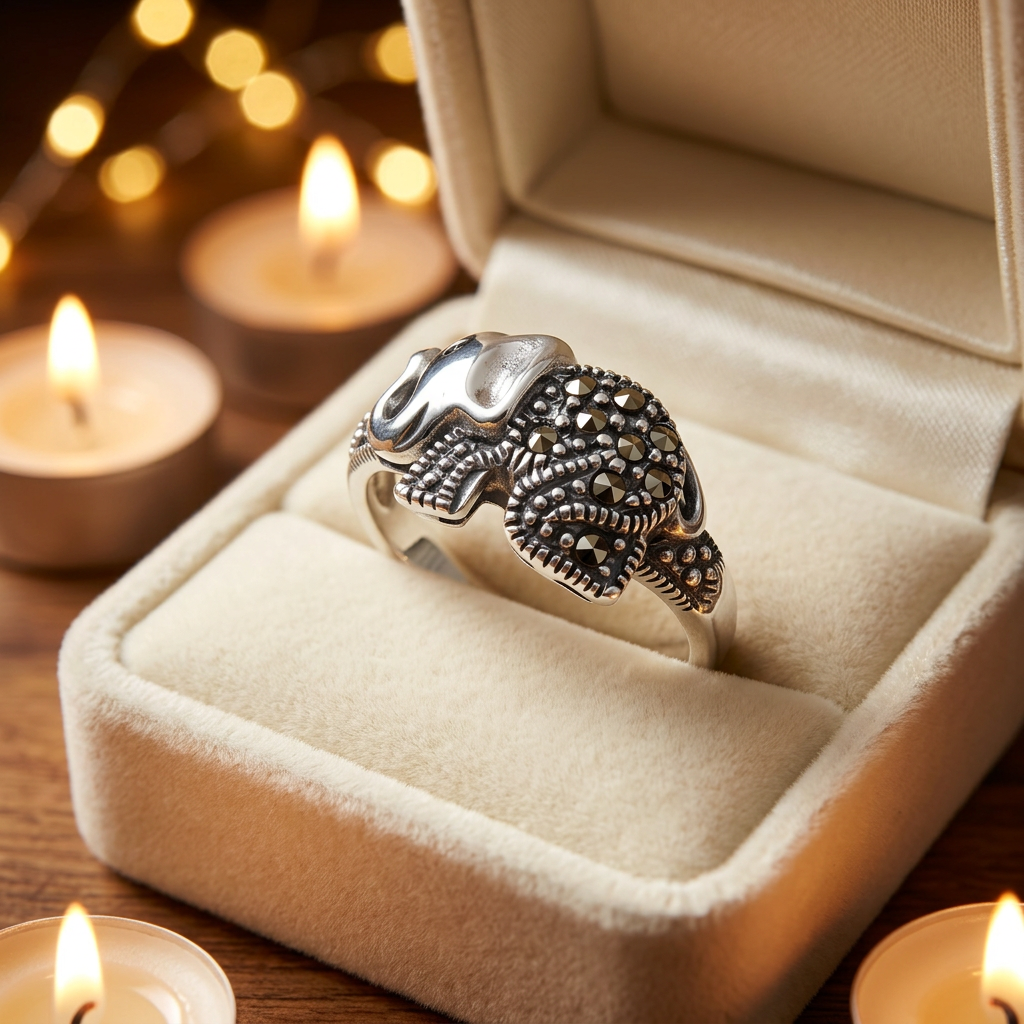 Sterling Silver Marcasite Elephant Oxidized Statement Ring for Women life3