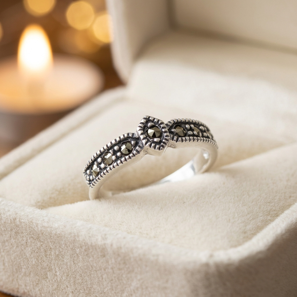 Sterling Silver Marcasite Hexagon Center Half Band Ring for Women life3