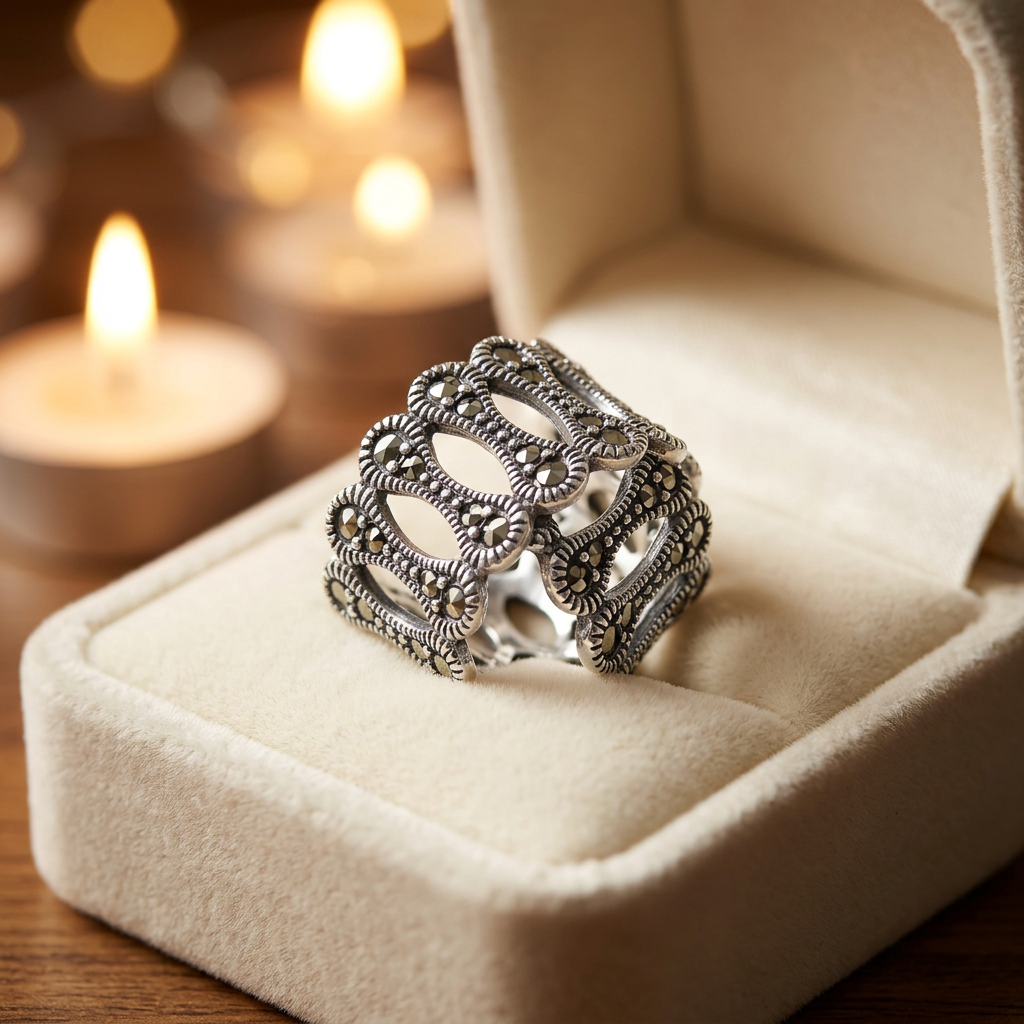 Sterling Silver 13.4mm Wide Marcasite Bone Link Openwork Eternity Band Ring for Women life3