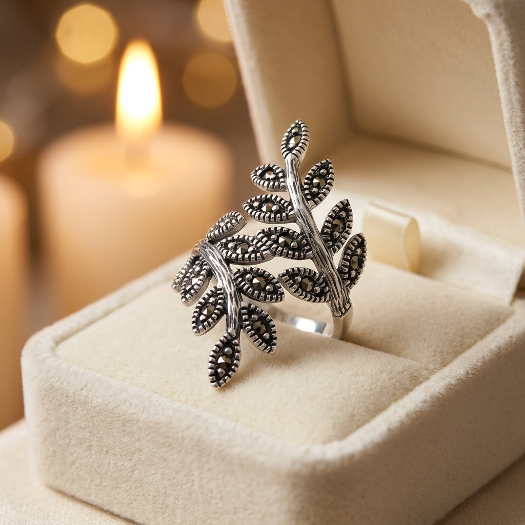 Sterling Silver 33.1mm Marcasite Double Leaf Branch Oxidized Statement Ring for Women life3