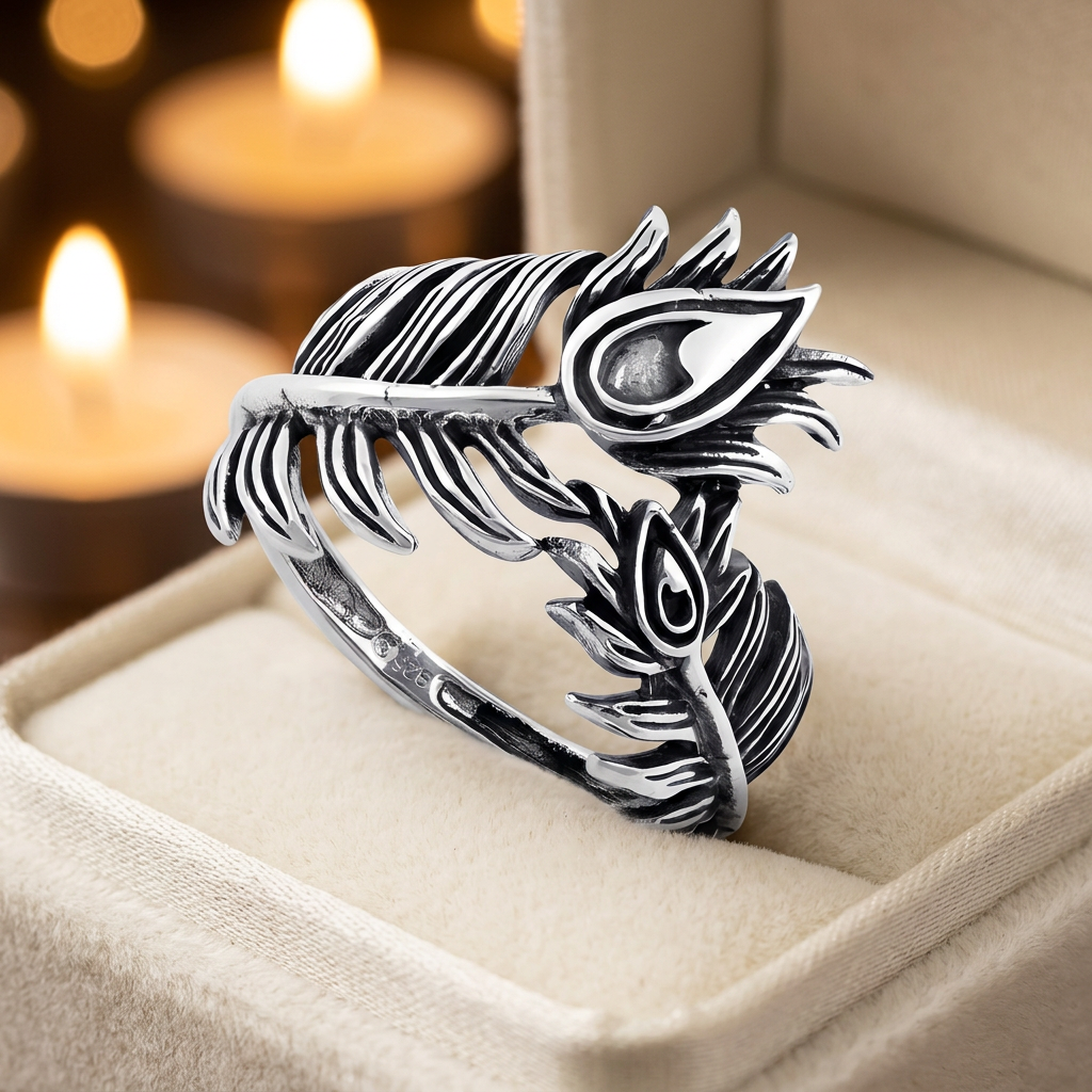 Sterling Silver 13.4mm Oxidized Double Peacock Feather Bypass Ring for Women life3
