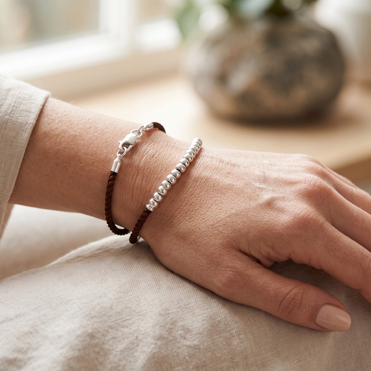 Sterling Silver Half Beads Brown Silk Rope Bracelet for Women, Dainty Everyday Jewelry Gift view 4