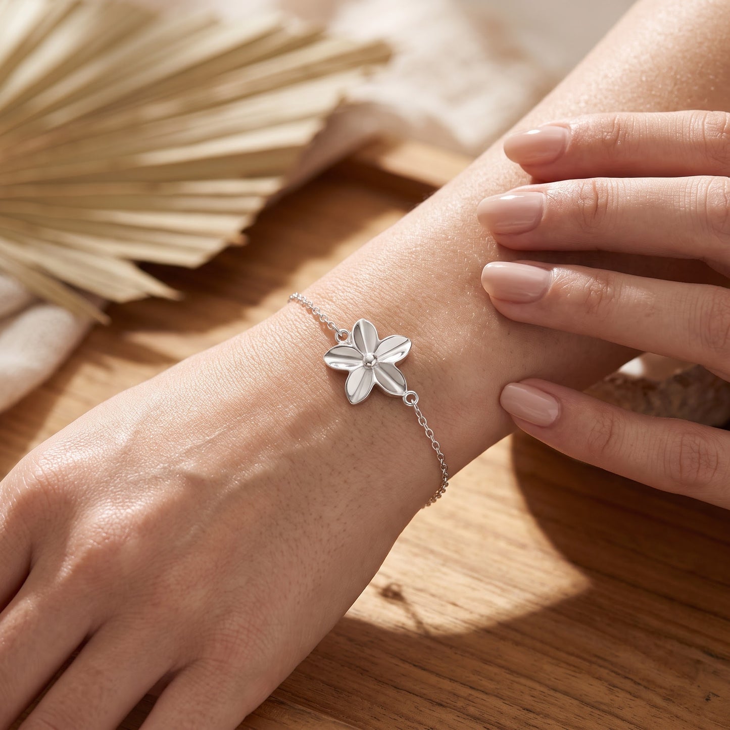 Sterling Silver Plumeria Bracelet for Women, Chain Link, Dainty Everyday Jewelry Gift view 4