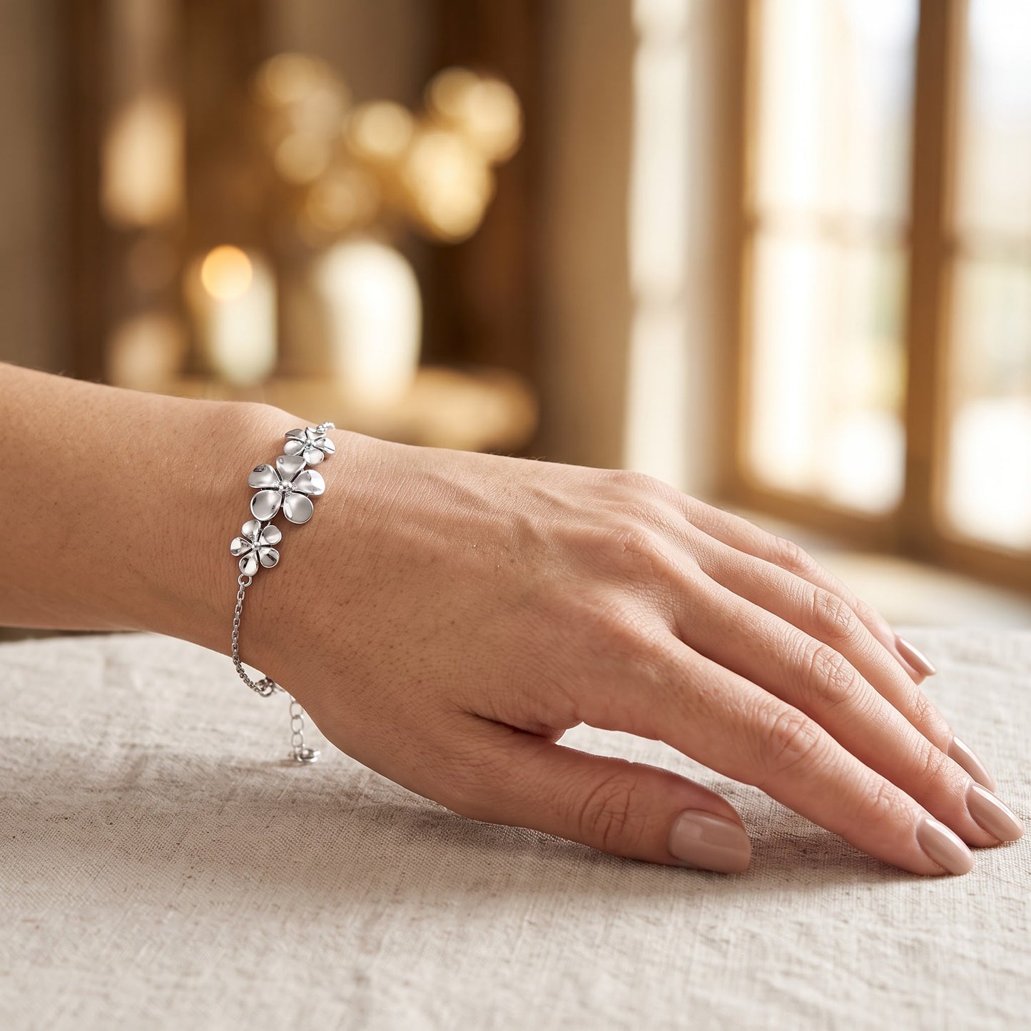 Sterling Silver Triple Plumeria Bracelet for Women, Chain Link, Dainty Everyday Jewelry Gift view 4
