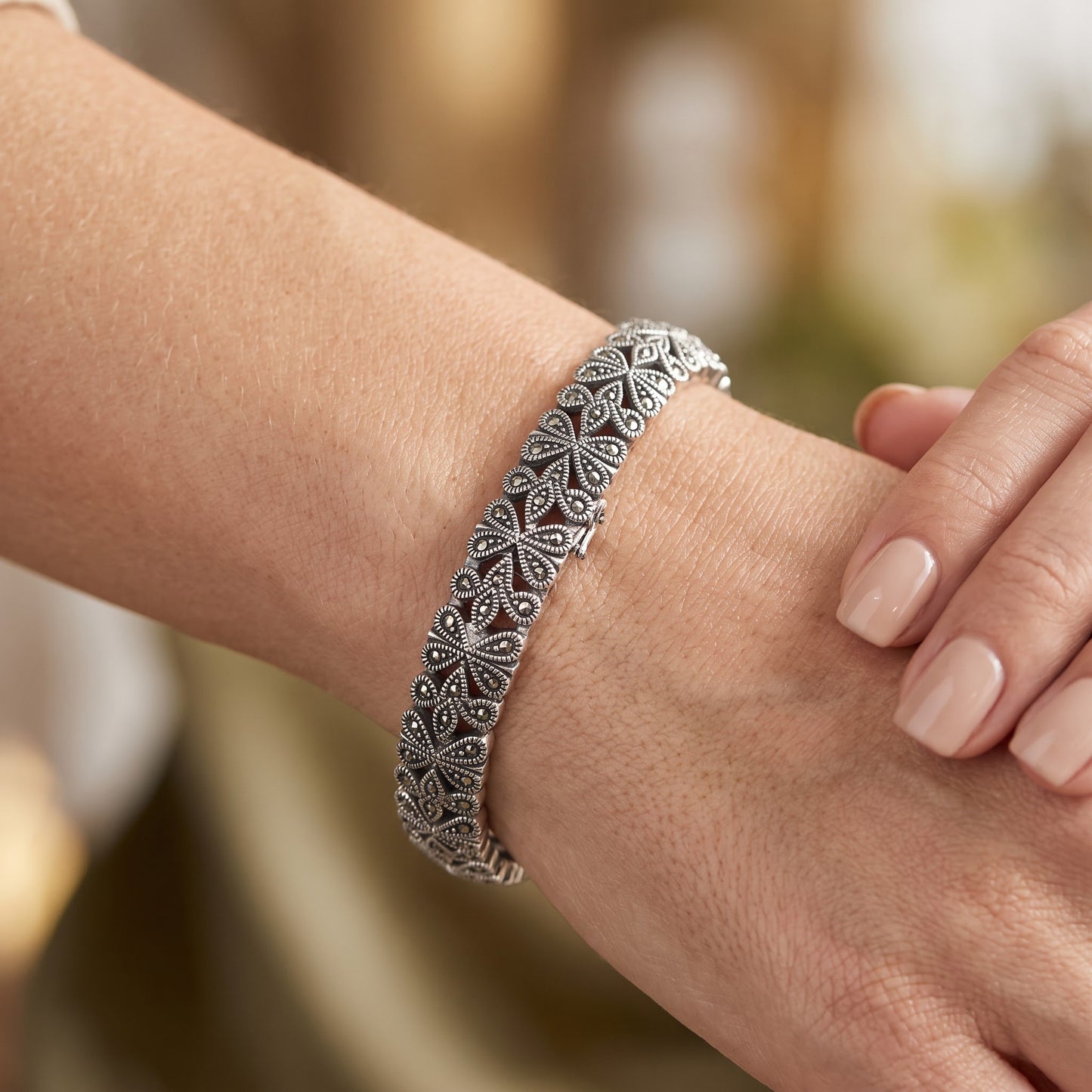 Sterling Silver Glitzy Filigree Marcasite Bracelet for Women, Chain Link, Dainty Everyday Jewelry Gift view 4