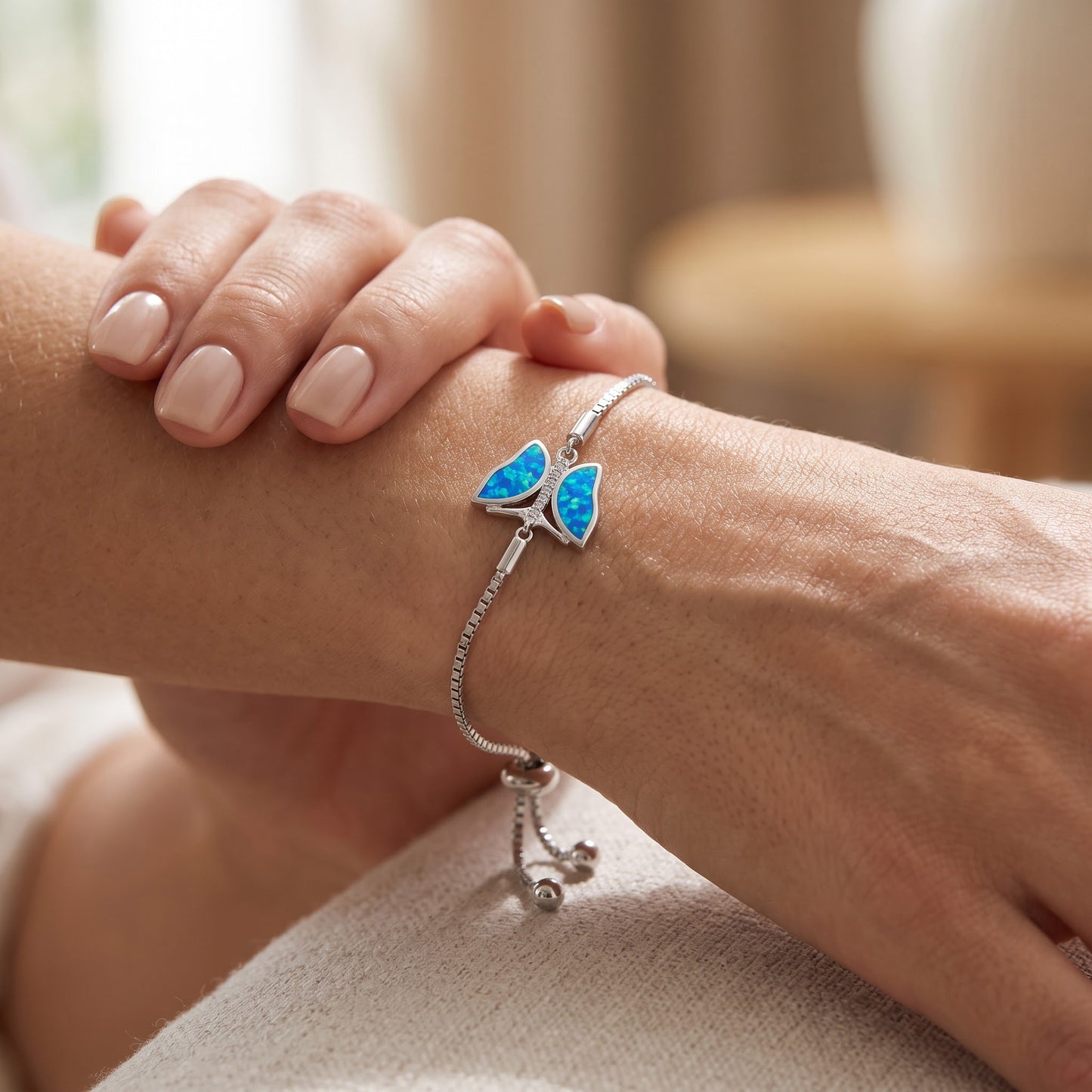 Sterling Silver Clear CZ & Blue Opal Butterfly Box Bracelet for Women, Chain Link, Dainty Everyday Jewelry Gift view 4