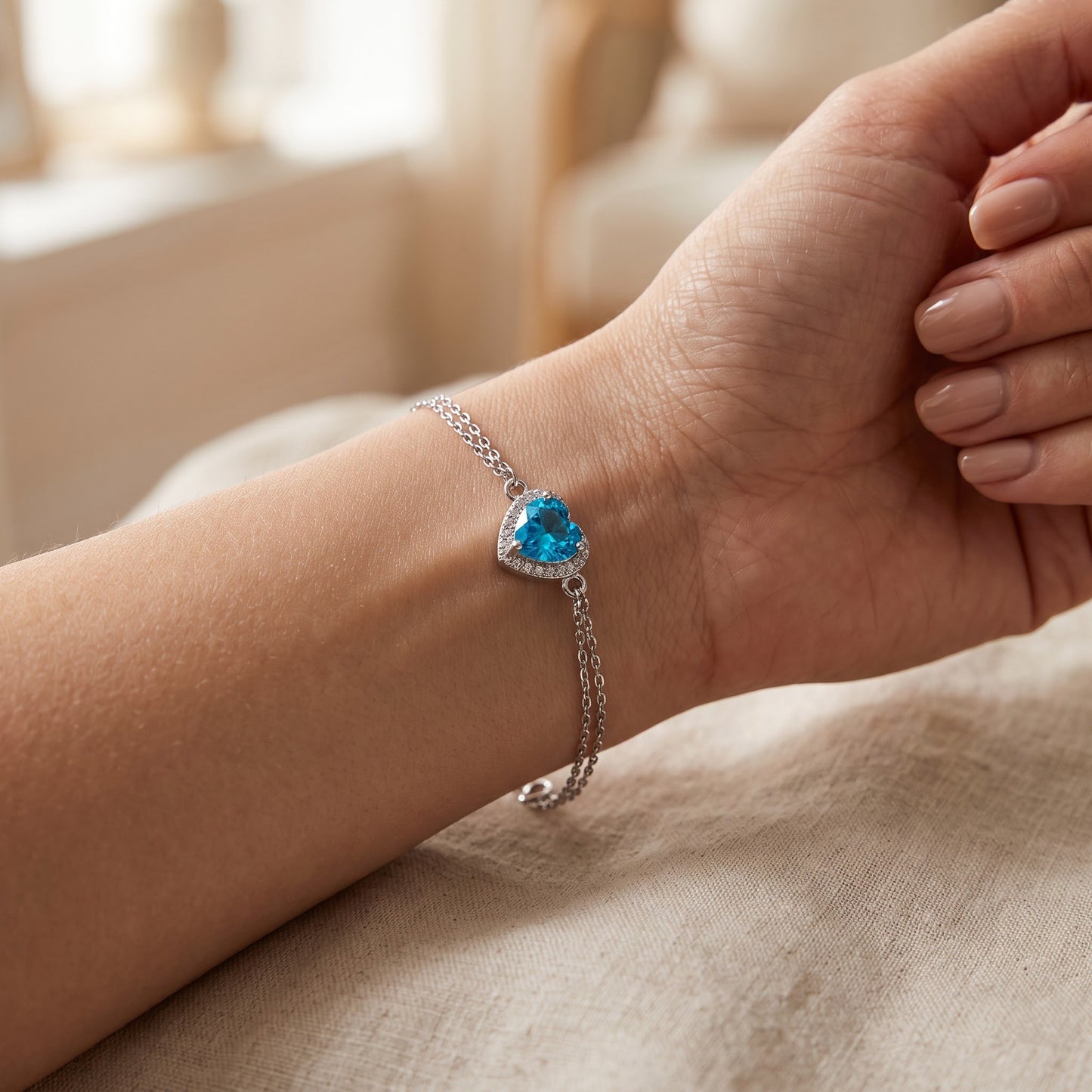 Sterling Silver Blue Topaz & Clear CZ Heart Halo Bracelet for Women, Dainty Everyday Jewelry Gift view 4