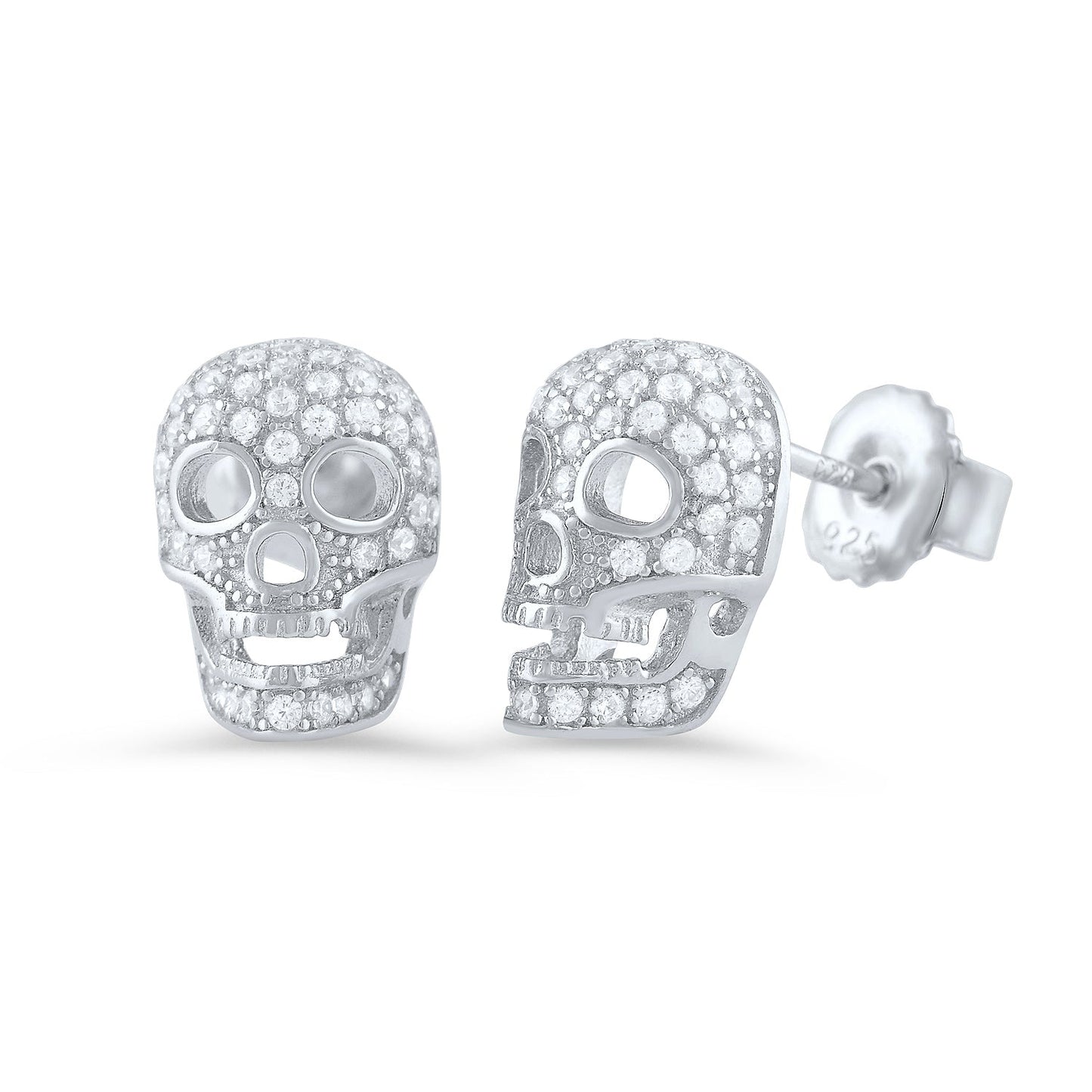 White Gold Over Sterling Silver CZ Sugar Skull Stud Earrings