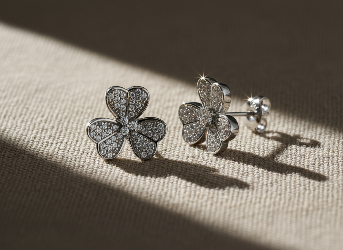 Rhodium Plated Sterling Silver Womens Cz Clover Heart Flower Stud Earrings