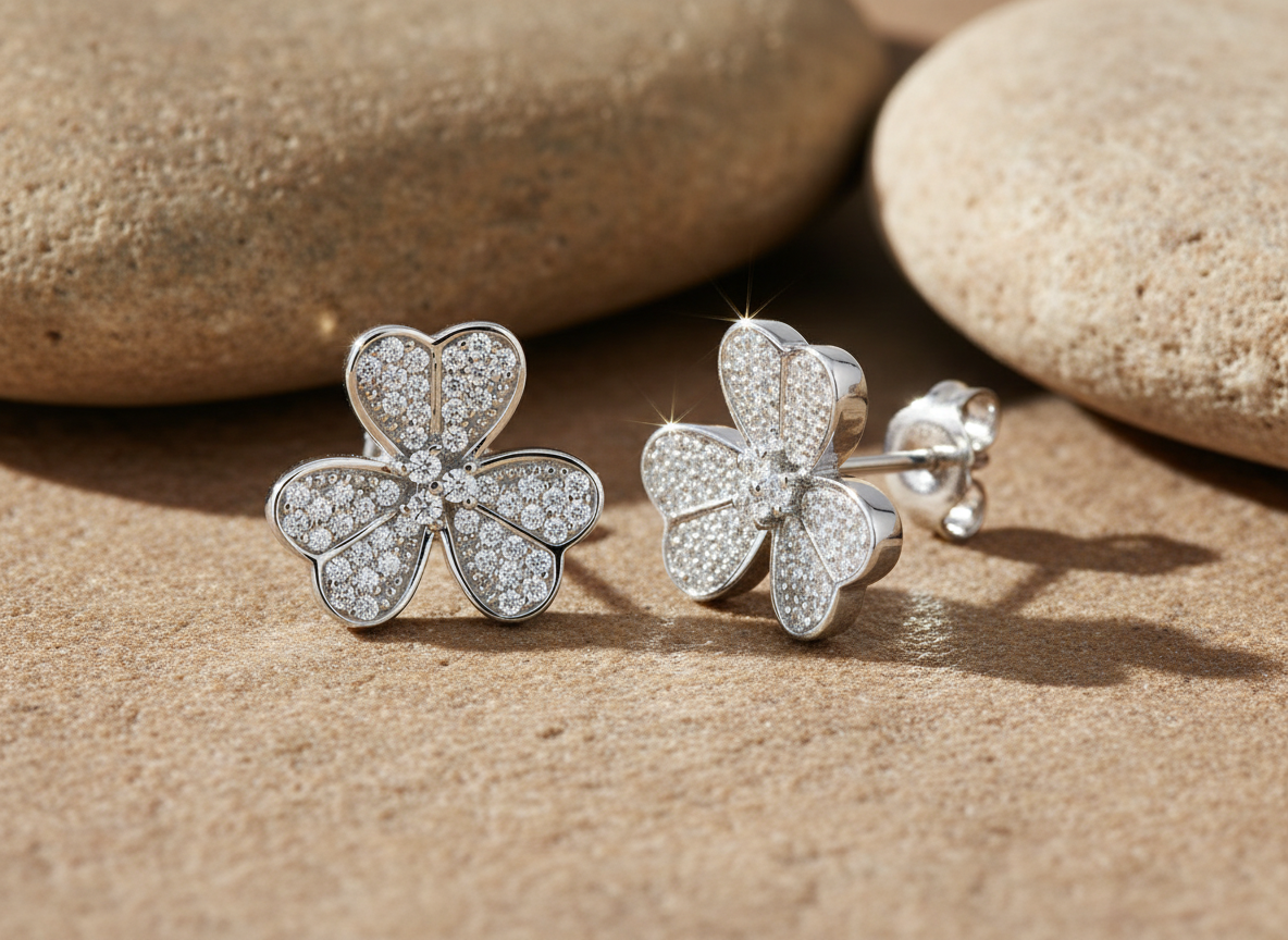 Rhodium Plated Sterling Silver Womens Cz Clover Heart Flower Stud Earrings