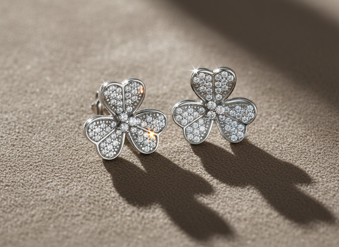 Rhodium Plated Sterling Silver Womens Cz Clover Heart Flower Stud Earrings