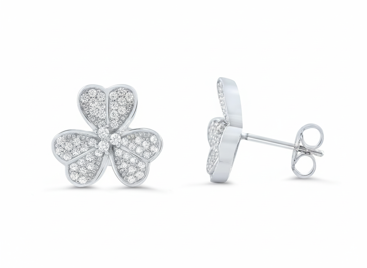 Rhodium Plated Sterling Silver Womens Cz Clover Heart Flower Stud Earrings