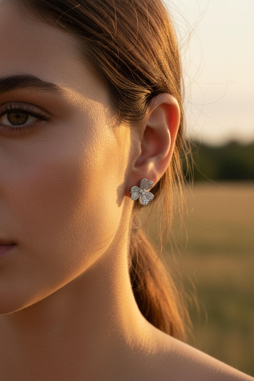 Rhodium-Plated Sterling Silver Women's CZ Clover Heart Flower Stud Earrings