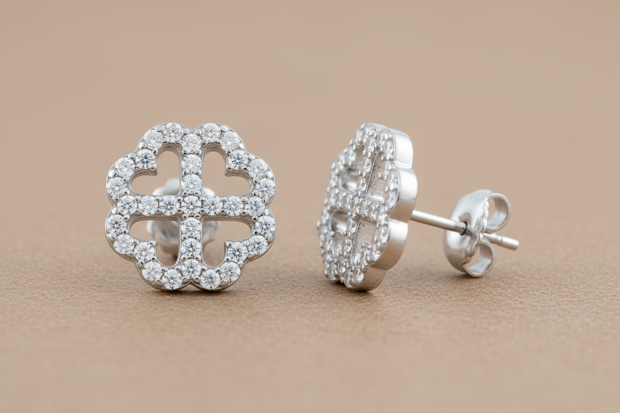 Rhodium Plated Sterling Silver Womens Cz Cubic Zirconia Lucky Clover Heart Flower Stud Earrings - Gifts for Mom Wife Girlfriend