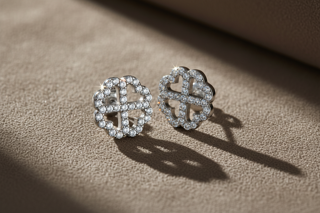 Rhodium Plated Sterling Silver Womens Cz Cubic Zirconia Lucky Clover Heart Flower Stud Earrings - Gifts for Mom Wife Girlfriend