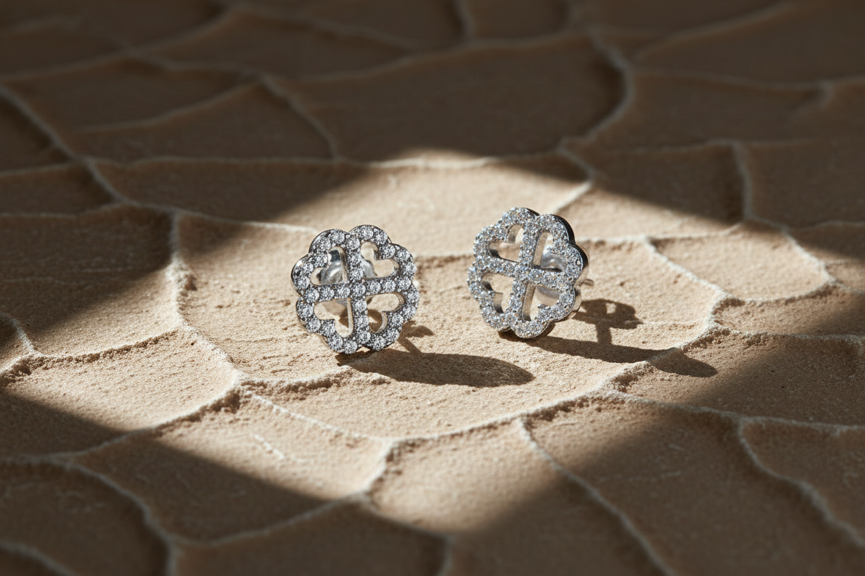 Rhodium Plated Sterling Silver Womens Cz Cubic Zirconia Lucky Clover Heart Flower Stud Earrings - Gifts for Mom Wife Girlfriend