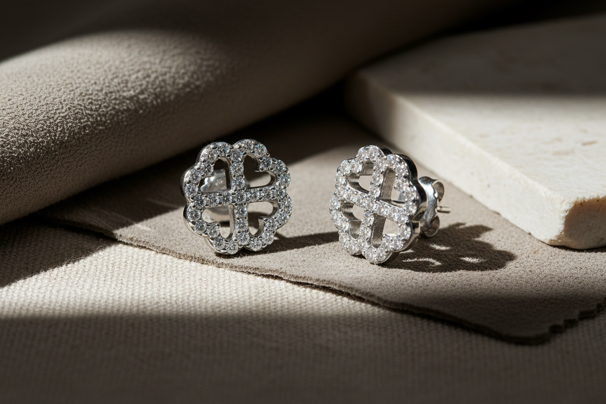 Rhodium Plated Sterling Silver Womens Cz Cubic Zirconia Lucky Clover Heart Flower Stud Earrings - Gifts for Mom Wife Girlfriend