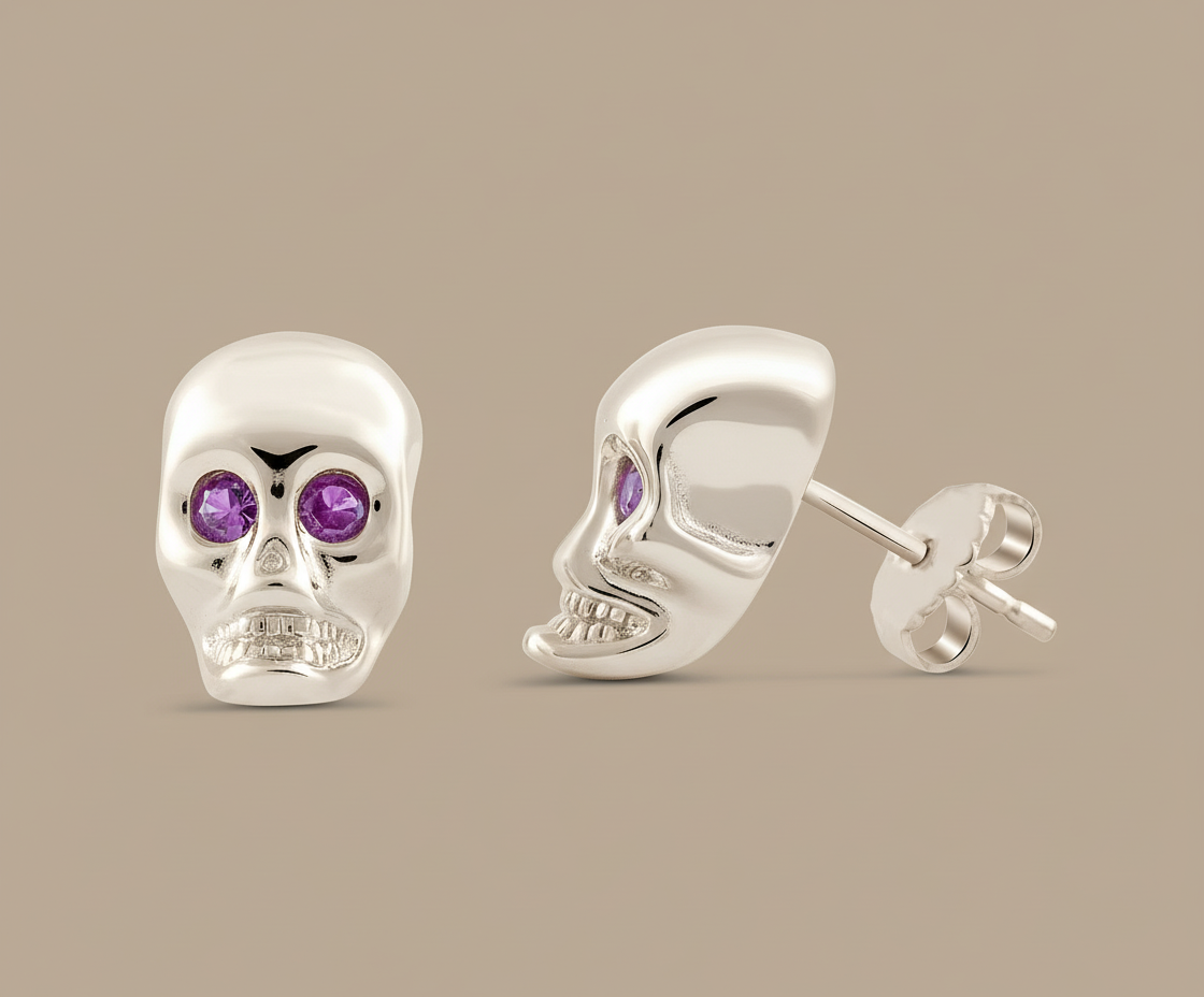 Rhodium Plated Sterling Silver Womens Red Cubic Zirconia Alien Skull Womens Stud Earrings - Gifts for Mom Wife Girlfriend