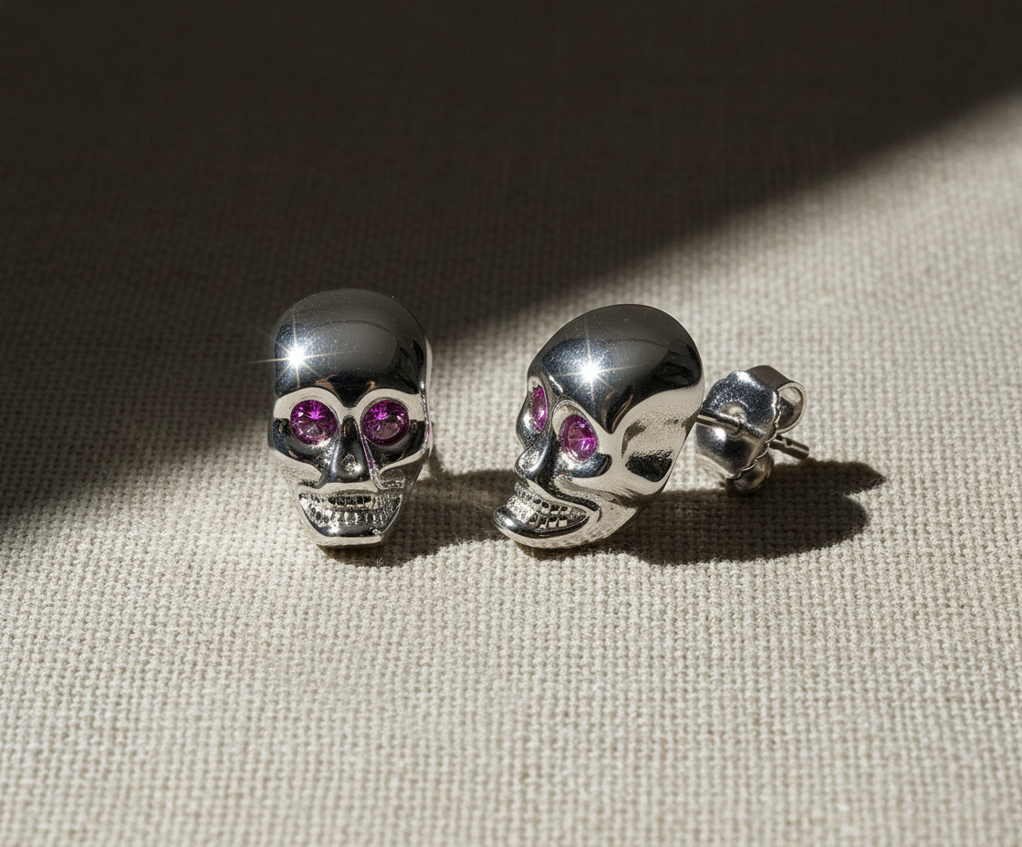 Rhodium Plated Sterling Silver Womens Red Cubic Zirconia Alien Skull Womens Stud Earrings - Gifts for Mom Wife Girlfriend