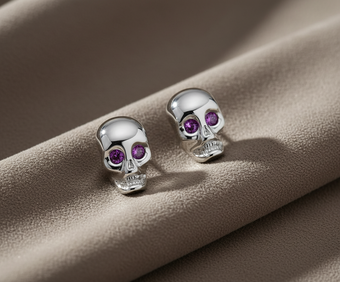 Rhodium Plated Sterling Silver Womens Red Cubic Zirconia Alien Skull Womens Stud Earrings - Gifts for Mom Wife Girlfriend