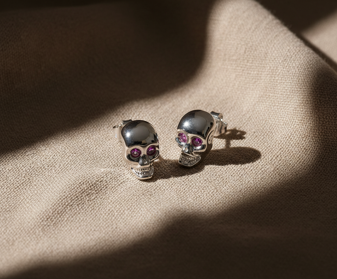 Rhodium Plated Sterling Silver Womens Red Cubic Zirconia Alien Skull Womens Stud Earrings - Gifts for Mom Wife Girlfriend