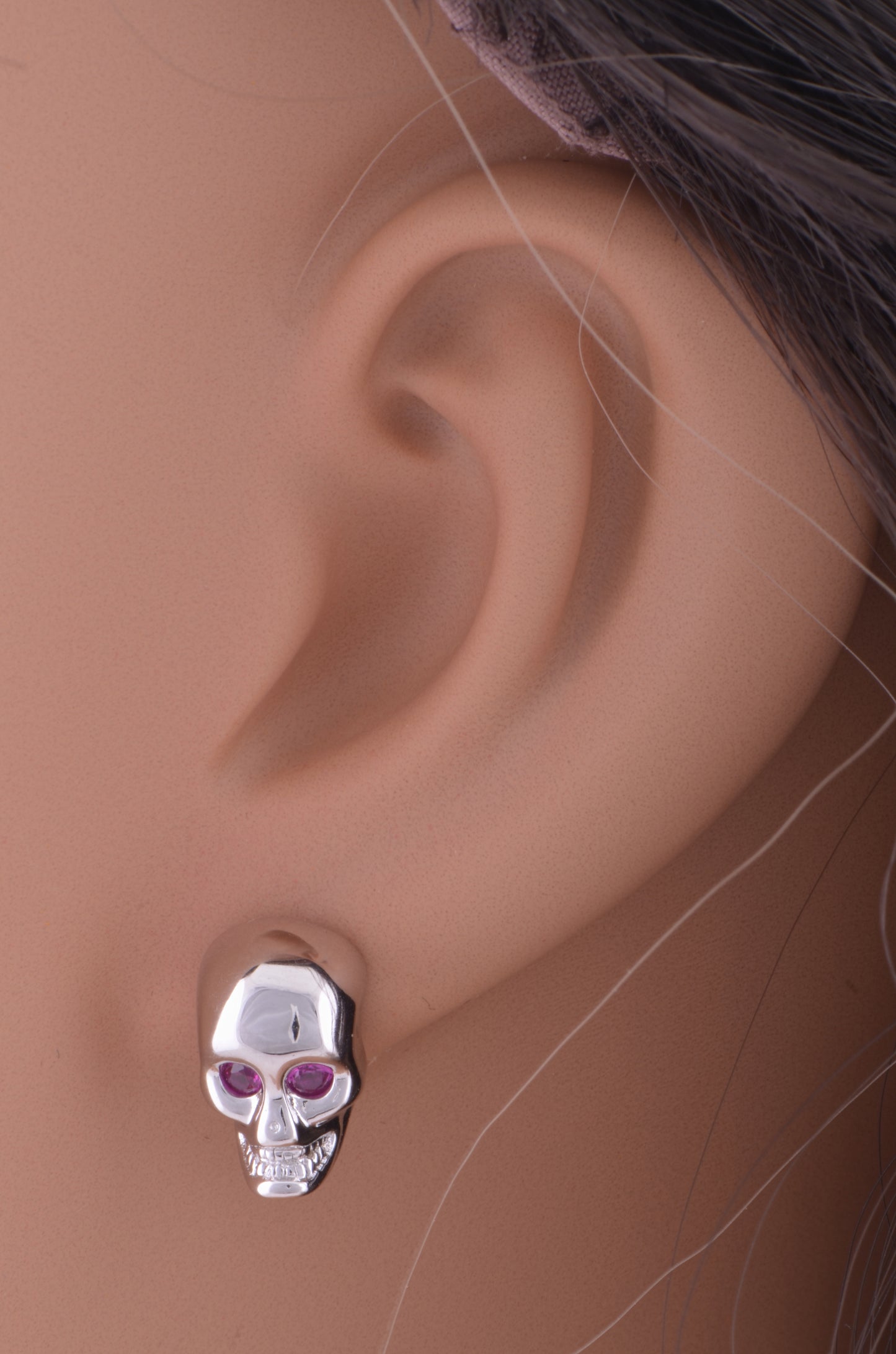 Rhodium Plated Sterling Silver Womens Red Cubic Zirconia Alien Skull Womens Stud Earrings - Gifts for Mom Wife Girlfriend