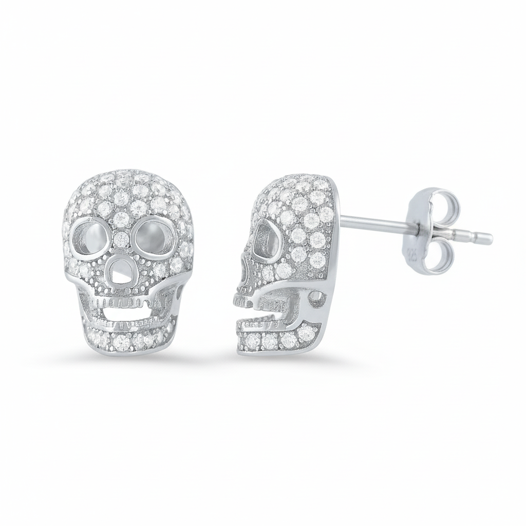 White Gold Over  Sterling Silver Womens Cz Sugar Skull Stud Earrings  11mm