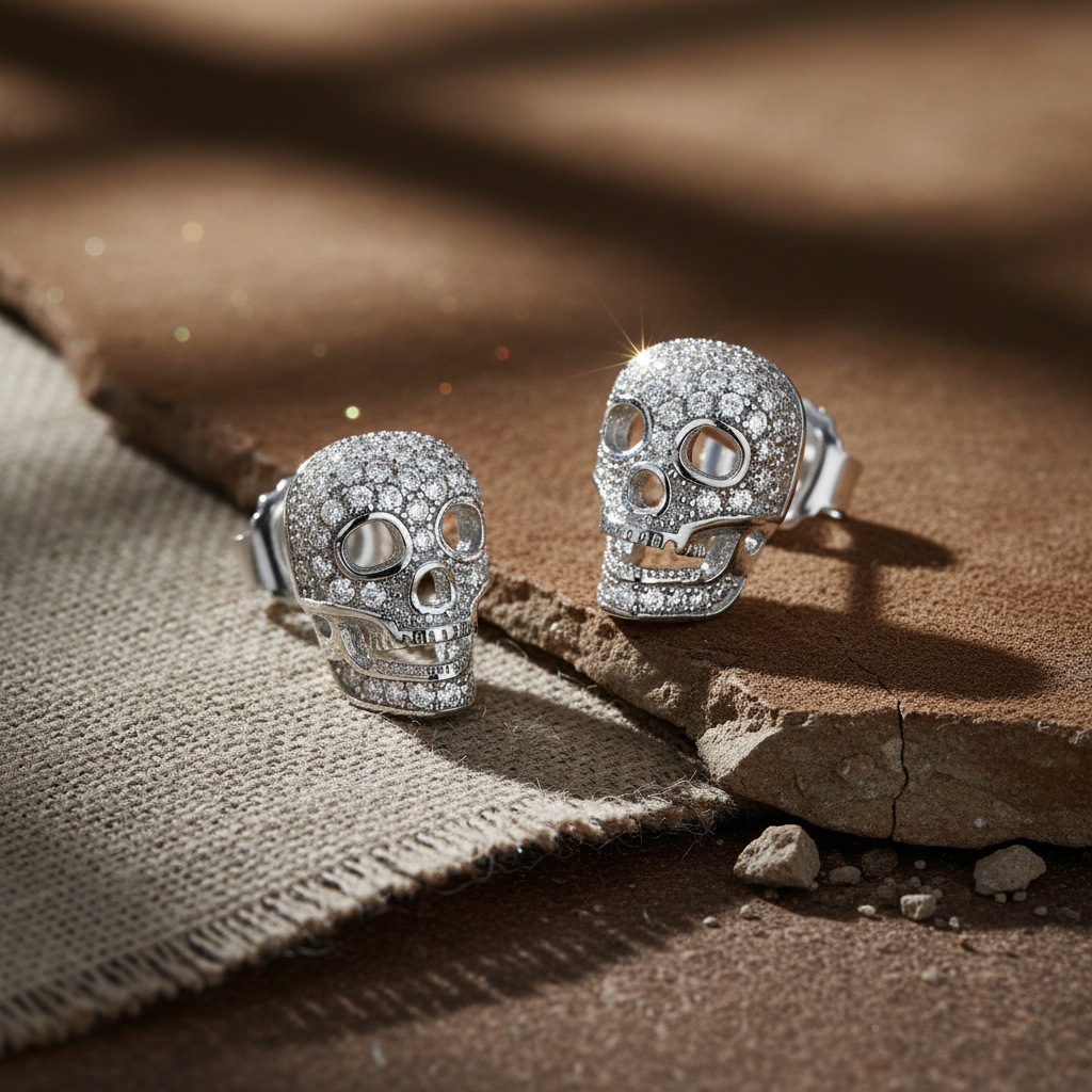White Gold Over  Sterling Silver Womens Cz Sugar Skull Stud Earrings  11mm