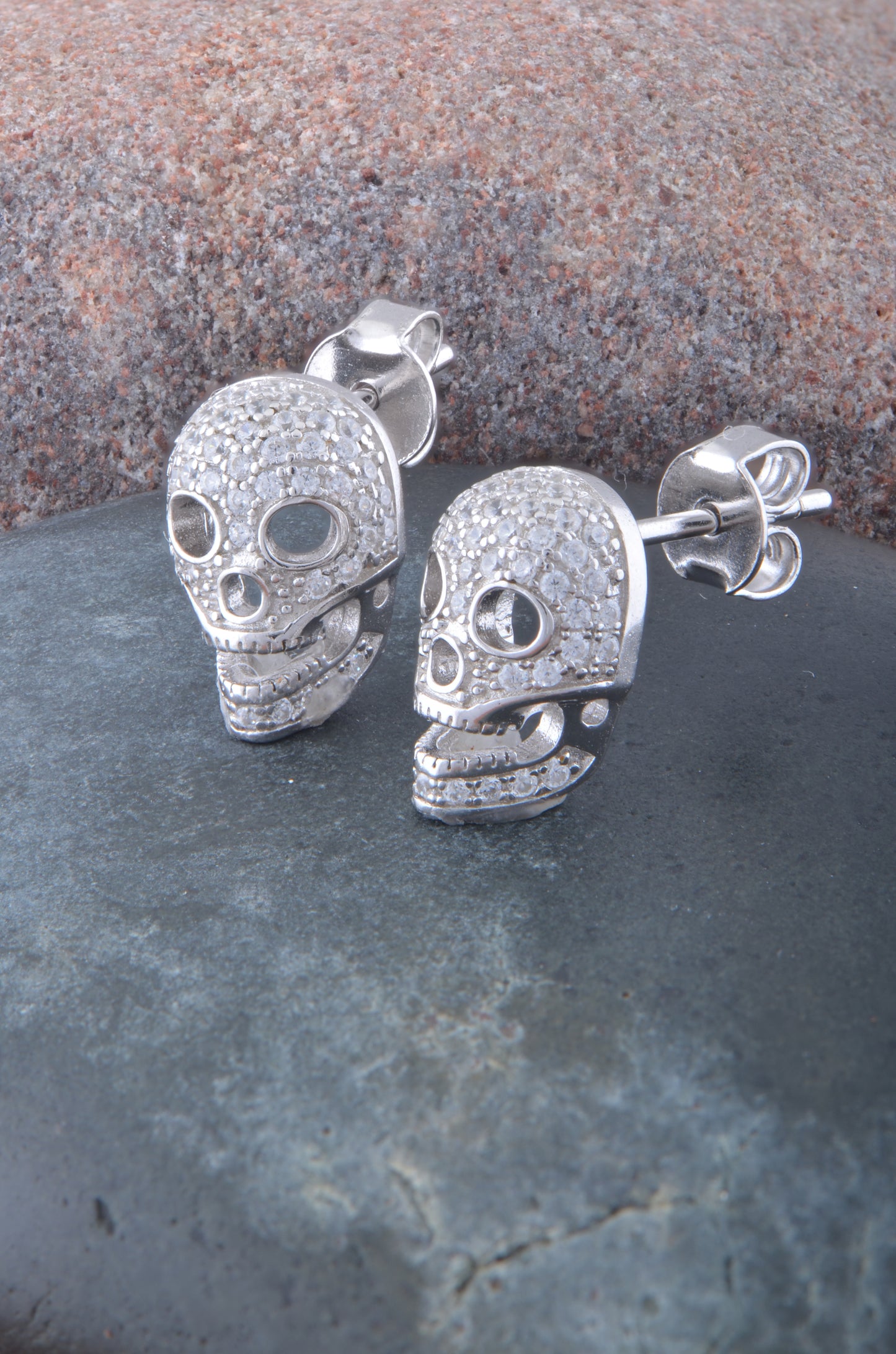 White Gold Over Sterling Silver Womens Cz Sugar Skull Stud Earrings 11mm
