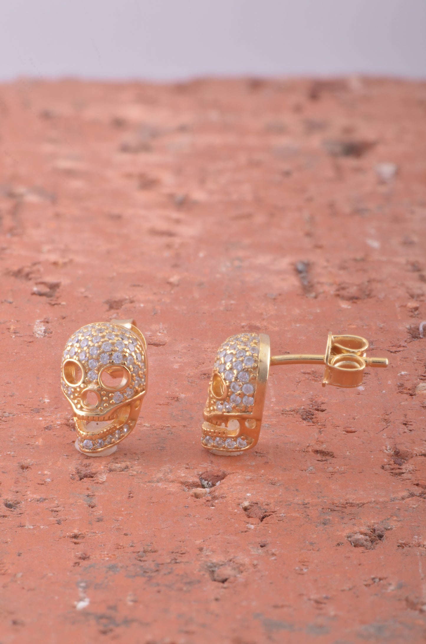 Yellow Gold Over Sterling Silver Womens Cz Sugar Skull Stud Earrings 11mm