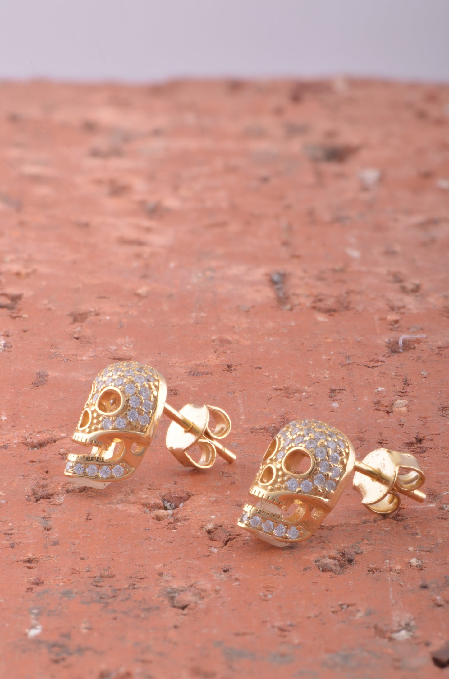 Yellow Gold Over Sterling Silver Womens Cz Sugar Skull Stud Earrings 11mm