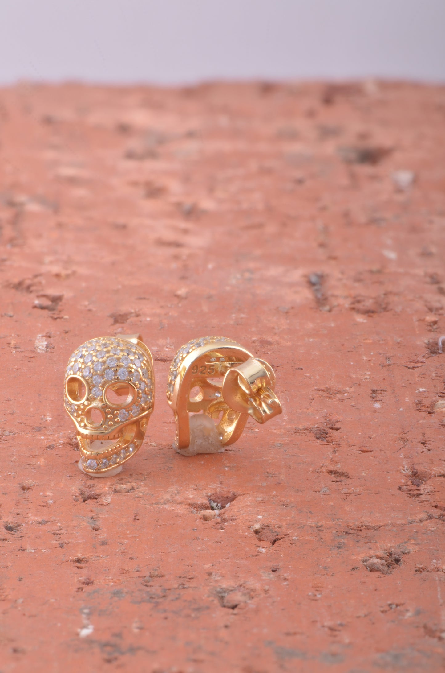 Yellow Gold Over Sterling Silver Womens Cz Sugar Skull Stud Earrings 11mm
