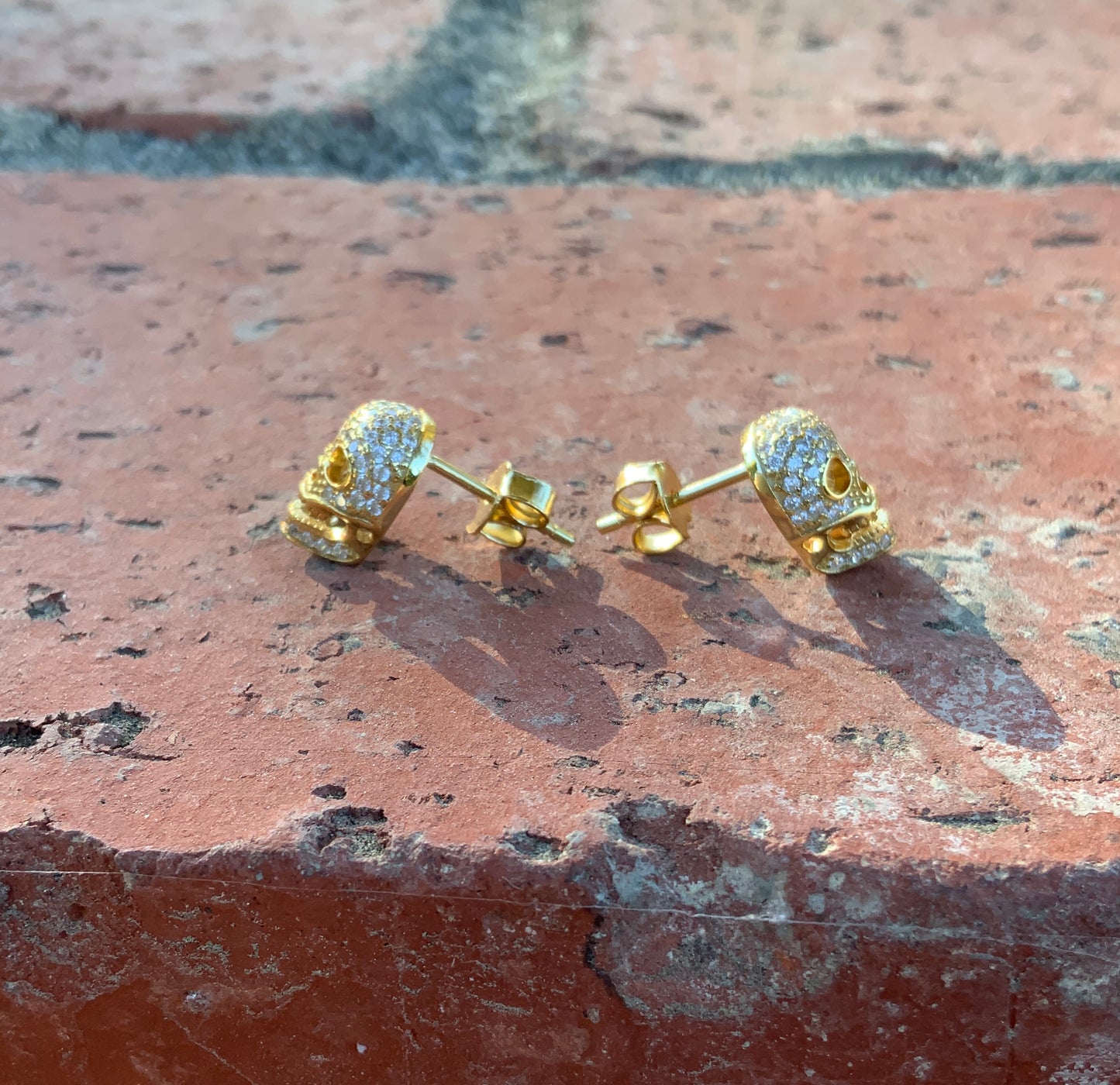 Yellow Gold Yellow Gold Over Sterling Silver Women's CZ Sugar Skull Stud Earrings 11mm — view 5